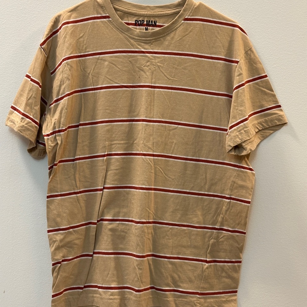 Topman Men's Beige and Red Striped Short Sleeve Tee